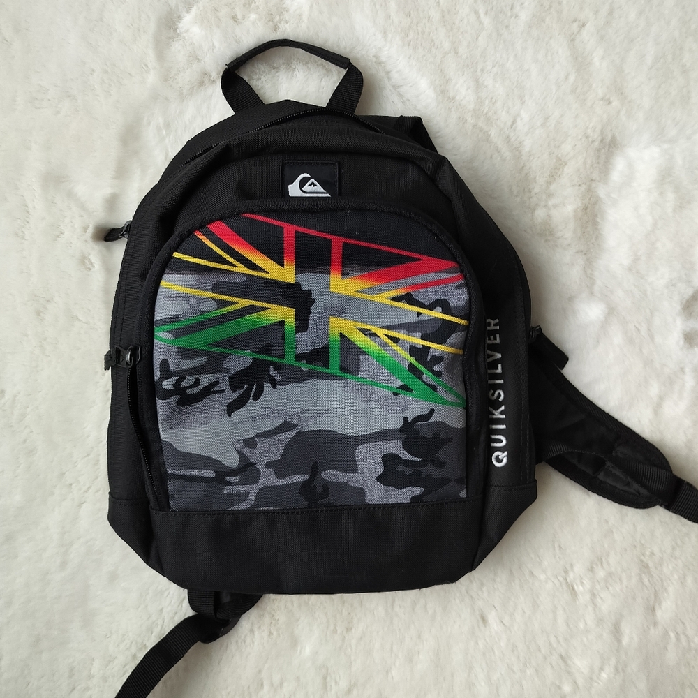 NWOT Quiksilver Black Backpack with Multicolor Design